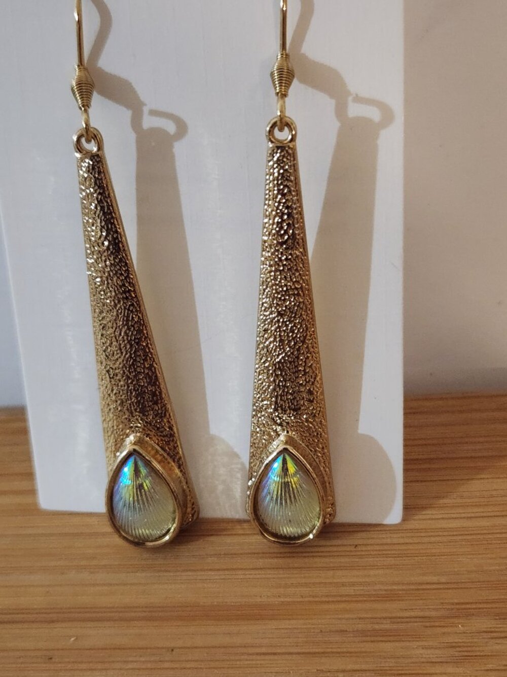 Hand Crafted Iridescent Gold Teardrop Long Dangle Earrings - Picture 5 of 5